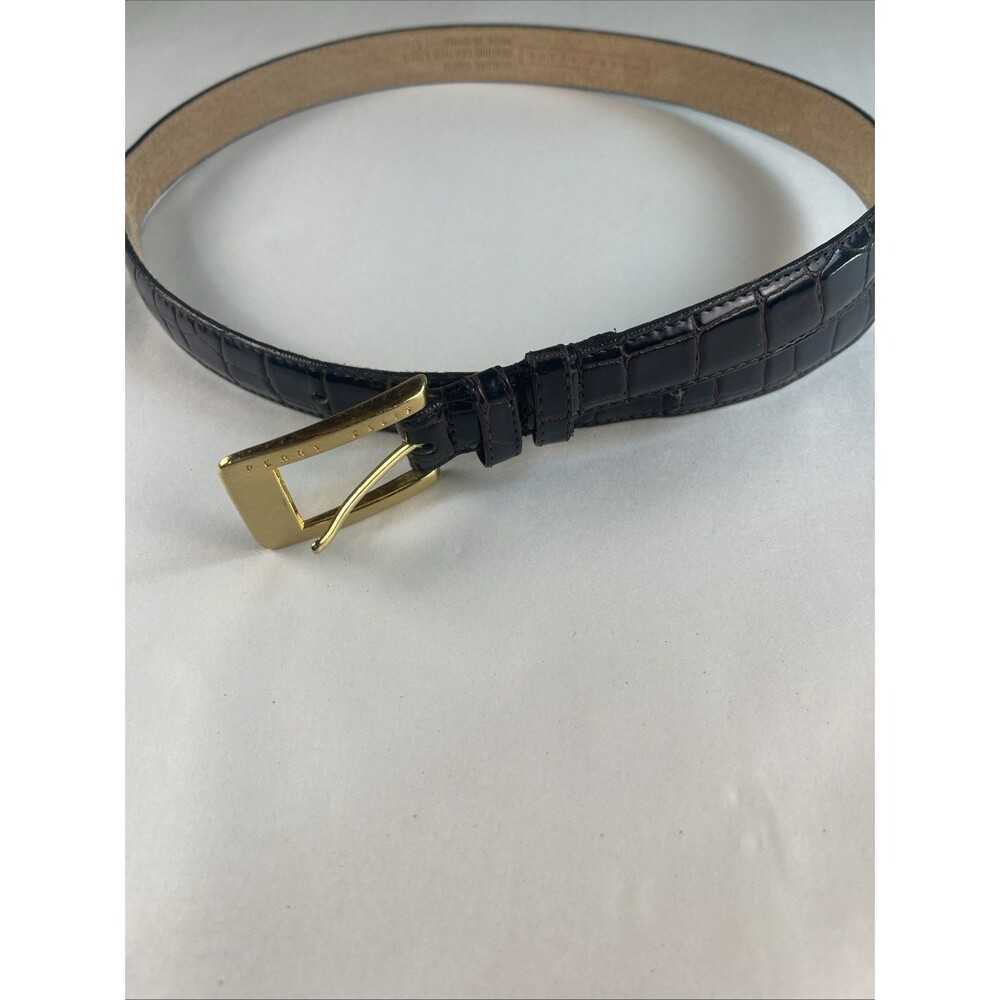 VTG Perry Ellis Women Croco Leather Belt Large L 37" Faux Crocodile Gold Buckle